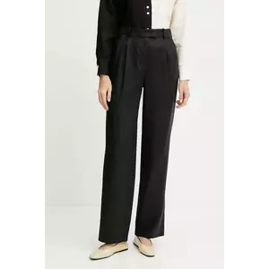 Luisa Spagnoli pantaloni din in femei, culoarea negru, drept, high waist, 542054 imagine