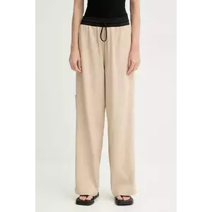 MMC STUDIO pantaloni femei, culoarea bej, drept, high waist, LINEN imagine