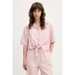 Tommy Jeans cămașă din amestec de in femei, culoarea roz, cu guler clasic, relaxed, DW0DW20286 imagine