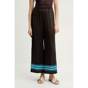 Luisa Spagnoli pantaloni de mătase femei, culoarea maro, lat, high waist, 542106 imagine