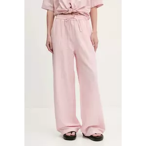 Tommy Jeans pantaloni din amestec de in femei, culoarea roz, lat, high waist, DW0DW20352 imagine