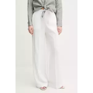 United Colors of Benetton pantaloni din in femei, culoarea alb, drept, high waist, 4AGHDF08K imagine