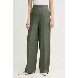 United Colors of Benetton pantaloni din in femei, culoarea verde, drept, high waist, 4AGHDF08K imagine