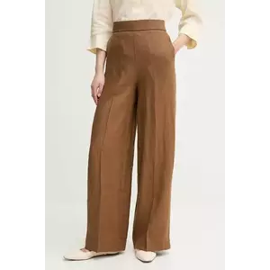 United Colors of Benetton pantaloni din in femei, culoarea maro, drept, high waist, 4AGHDF08K imagine