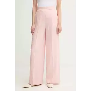 United Colors of Benetton pantaloni din in femei, culoarea roz, drept, high waist, 4AGHDF08K imagine