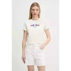 Tommy Jeans tricou din bumbac femei, culoarea bej, DW0DW21769 imagine