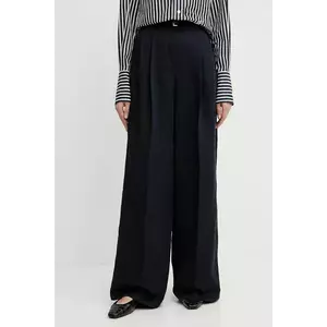 BOSS pantaloni din amestec de in femei, culoarea bleumarin, drept, high waist, 50538045 imagine