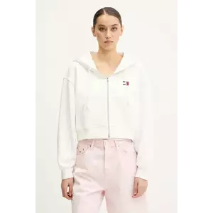 Tommy Jeans hanorac de bumbac culoarea alb, cu glugă, cu imprimeu, DW0DW21355 imagine