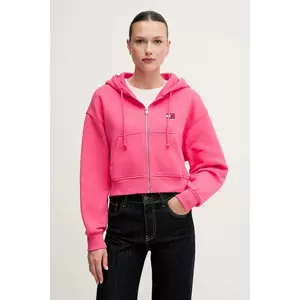 Tommy Jeans hanorac de bumbac culoarea roz, cu glugă, cu imprimeu, DW0DW21355 imagine