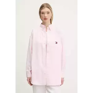 Tommy Jeans cămașă din bumbac culoarea roz, cu guler clasic, relaxed, DW0DW20289 imagine
