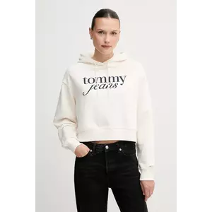 Tommy Jeans hanorac de bumbac culoarea bej, cu glugă, cu imprimeu, DW0DW20306 imagine
