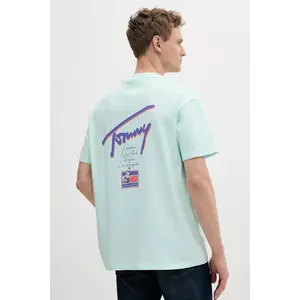 Tommy Jeans tricou din bumbac culoarea turcoaz, cu imprimeu, DM0DM20768 imagine