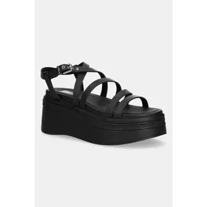 Tommy Jeans sandale de piele WEDGY STRAPPY SANDAL femei, culoarea negru, cu platforma, EN0EN02756 imagine