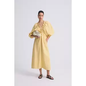 rochie din in culoarea galben, midi, evazati imagine