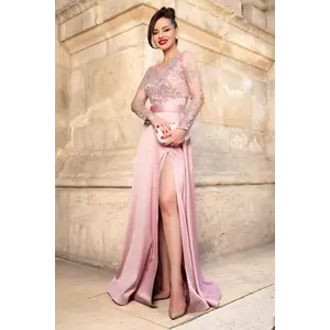 Rochie eleganta de seara Joana din tafta roz lunga cu bust din dantela imagine