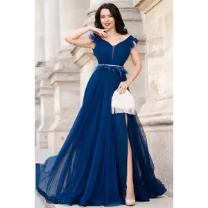 Rochie lunga de seara bleumarin Petronela decorata cu banda din fulgi imagine