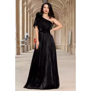 Rochie de seara lunga neagra Fiorella cu flore 3D pe umar imagine