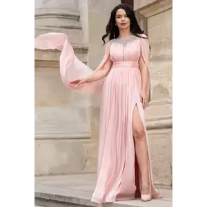 Rochie de seara eleganta Anubis roz cu maneci trena si aplicatii pretioase imagine