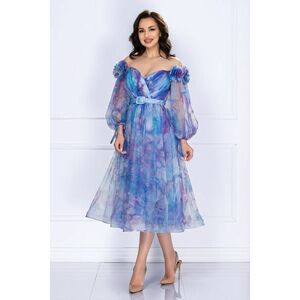 Rochie pretioasa de ocazie Josephine bleu cu imprimeu tip pictura imagine