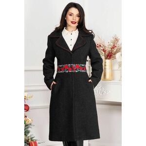 Palton din stofa elegant negru-antracit cu banda brodata in talie imagine