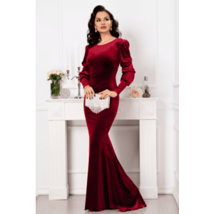 Rochie lunga tip sirena Thea rosie din catifea cu maneci fronsate imagine