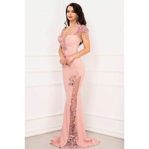 Rochie de lux sirena Esther rose cu flori brodate cu paiete si fulgi imagine