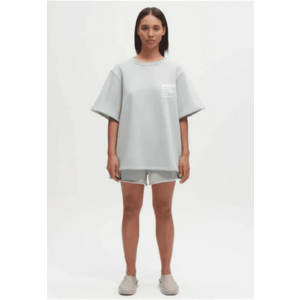 Tricou oversized din bumbac organic cu imprimeu text - Albastru pastel deschis imagine