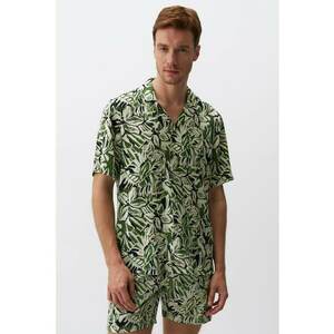 Camasa din amestec de in cu model si maneci scurte - Verde - Negru - imagine