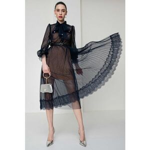 Rochie midi cu garnitura din dantela si model cu buline imagine