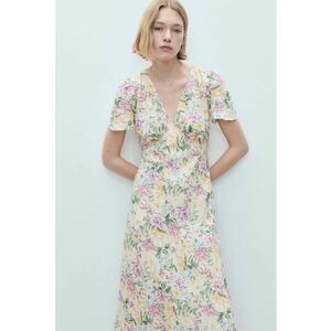 Rochie midi din amestec de in cu croiala in A si decolteu in V imagine