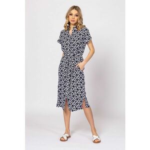 Rochie cu imprimeu si cordon in talie - Alb optic - Bleumarin - imagine