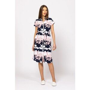 Rochie cu imprimeu si cordon in talie - Alb optic - Roz prafuit - Bleumarin - imagine