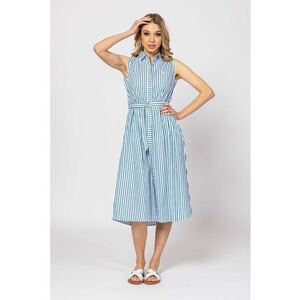 Rochie cu imprimeu - croiala in A si buzunare - Alb optic - Albastru petrol - imagine