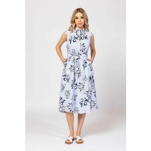Rochie cu imprimeu - croiala in A si buzunare - Albastru lavanda - Alb optic - Bleumarin - imagine