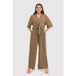 Pantaloni bej cu croiala larga si talie elastica TRA038 KHAKI imagine