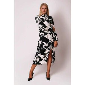 Rochie midi alba si neagra cu talie elastica larga si maneci lungi DA1682 imagine