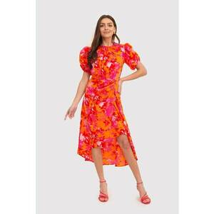 Rochie midi roz/portocaliu cu maneci bufante si imprimeu floral DA1718 imagine