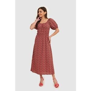 Rochie midi rosie cu maneci bufate si imprimeu floral DA1796 MULT imagine