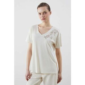 Tricou cu decolteu in V si detalii cu model floral imagine