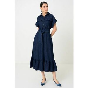 Rochie midi din amestec de in cu terminatie cu volan si cordon in talie imagine