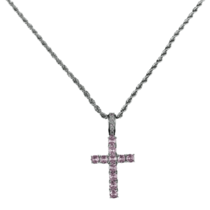 Colier cruce cu zirconiu - argintiu/roz KP22768 imagine
