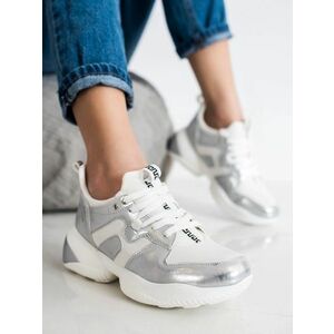 Trendy adidași albi pentru femei de argint fără toc imagine