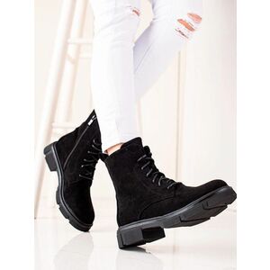 Botine negre interesante pentru femei pe toc plat imagine