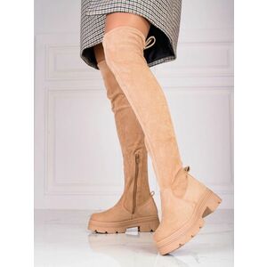 Cizme confortabile de culoare bej pentru femei pe un toc larg imagine