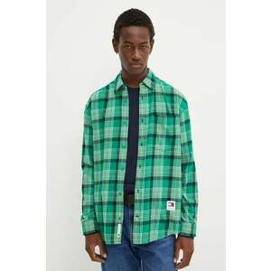 Tommy Jeans camasa din bumbac barbati, culoarea verde, cu guler clasic, relaxed, DM0DM19532 imagine