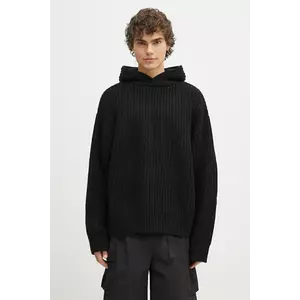 MKI MIYUKI ZOKU pulover din amestec de lana Chunky Rib Knit Hoody barbati, culoarea negru, călduros, CHUNKY.RIB.KNIT.HOODY.B imagine