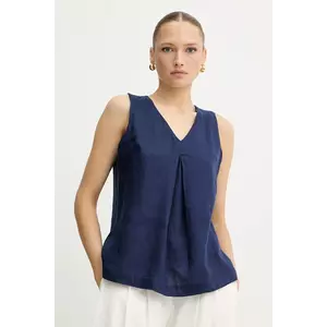 United Colors of Benetton bluză din in culoarea bleumarin, neted, 5BMLDQ06W imagine