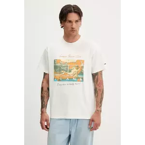 Tommy Jeans tricou din bumbac culoarea bej, cu imprimeu, DM0DM21387 imagine