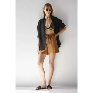 Medicine pantaloni scurți din amestec de in femei, culoarea maro, uni, medium waist imagine