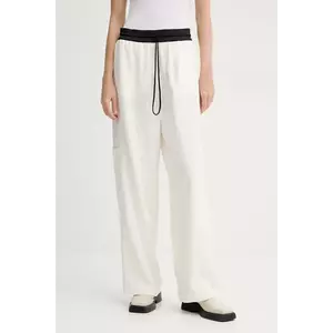 MMC STUDIO pantaloni femei, culoarea bej, drept, high waist, LINEN imagine